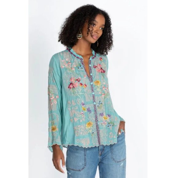 Johnny Was Allbee Blouse Marine Blue Long Shirt Flower Embroidery Top Large NEW - Picture 5 of 8